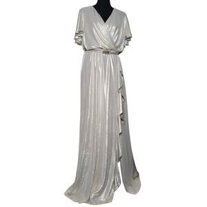 NWT Lauren Ralph Lauren Black Label Metallic Gold Belted Flutter Dress Gown✨️16